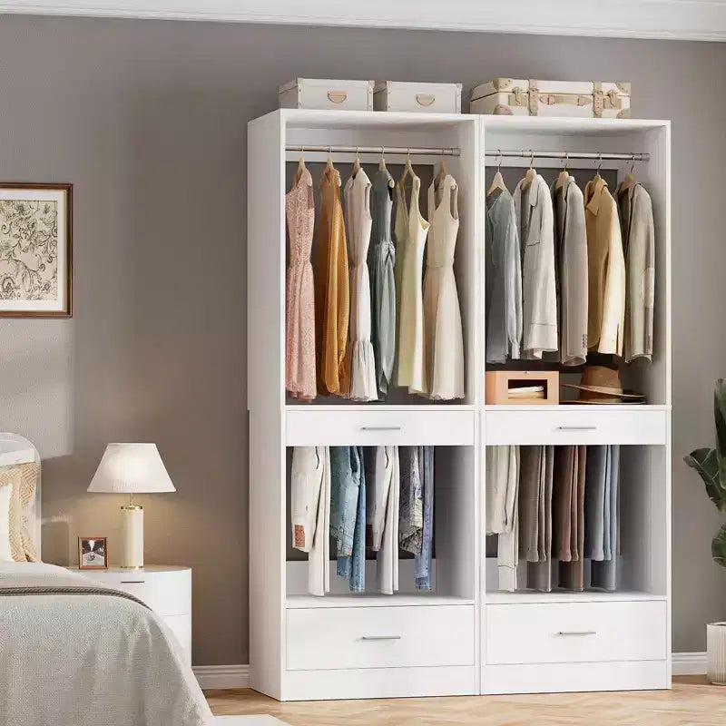 Besiost 2PCS Closet System Organizer with Hanging Area, Freestanding Wooden Closet with Drawers