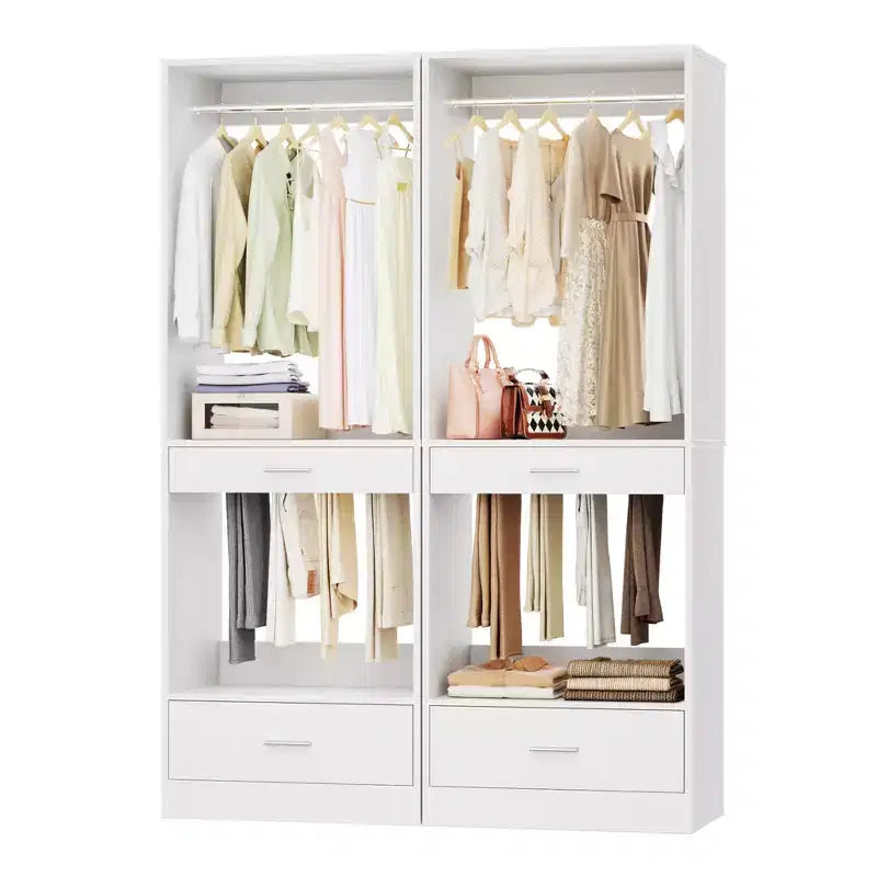 Besiost 2PCS Closet System Organizer with Hanging Area, Freestanding Wooden Closet with Drawers