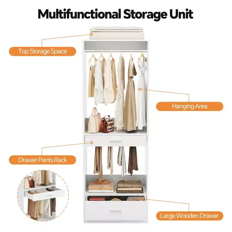 Besiost 2PCS Closet System Organizer with Hanging Area, Freestanding Wooden Closet with Drawers