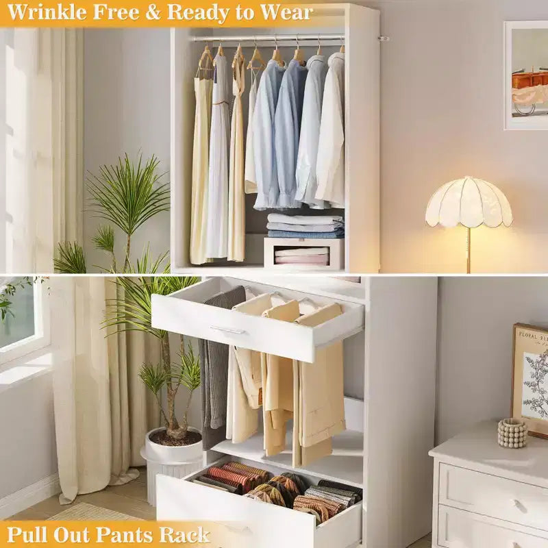 Besiost 2PCS Closet System Organizer with Hanging Area, Freestanding Wooden Closet with Drawers