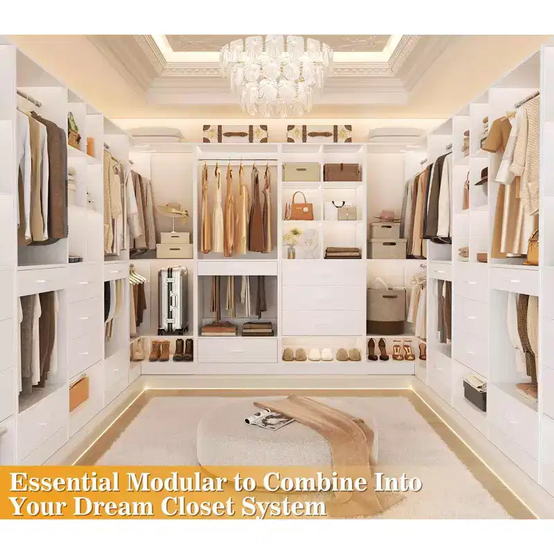 Besiost 2PCS Closet System Organizer with Hanging Area, Freestanding Wooden Closet with Drawers