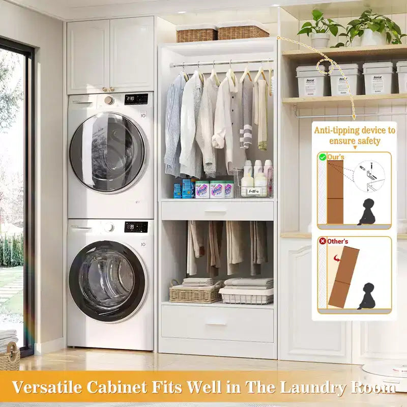 Besiost 2PCS Closet System Organizer with Hanging Area, Freestanding Wooden Closet with Drawers
