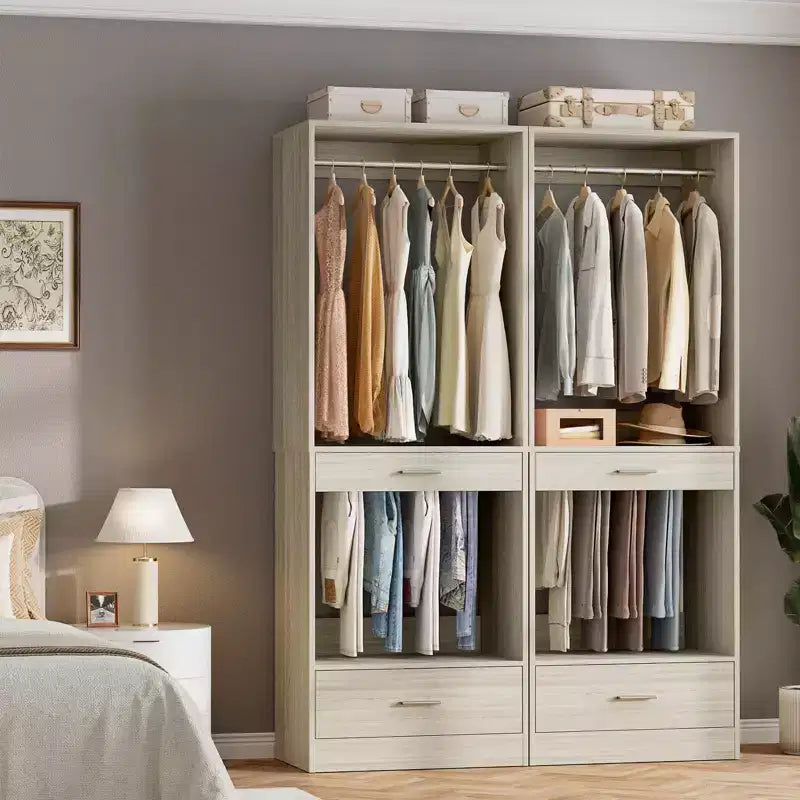 Besiost 2PCS Closet System Organizer with Hanging Area, Freestanding Wooden Closet with Drawers