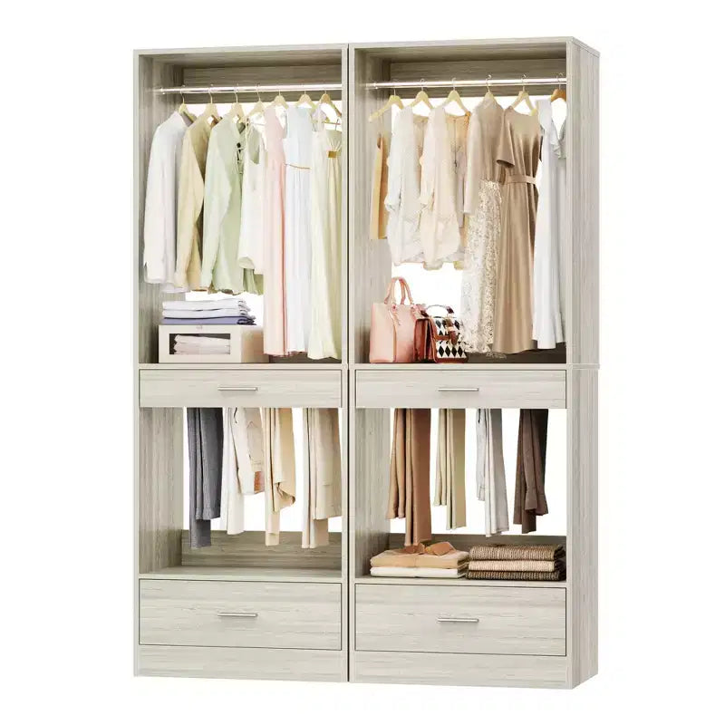 Besiost 2PCS Closet System Organizer with Hanging Area, Freestanding Wooden Closet with Drawers