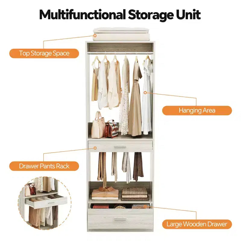 Besiost 2PCS Closet System Organizer with Hanging Area, Freestanding Wooden Closet with Drawers