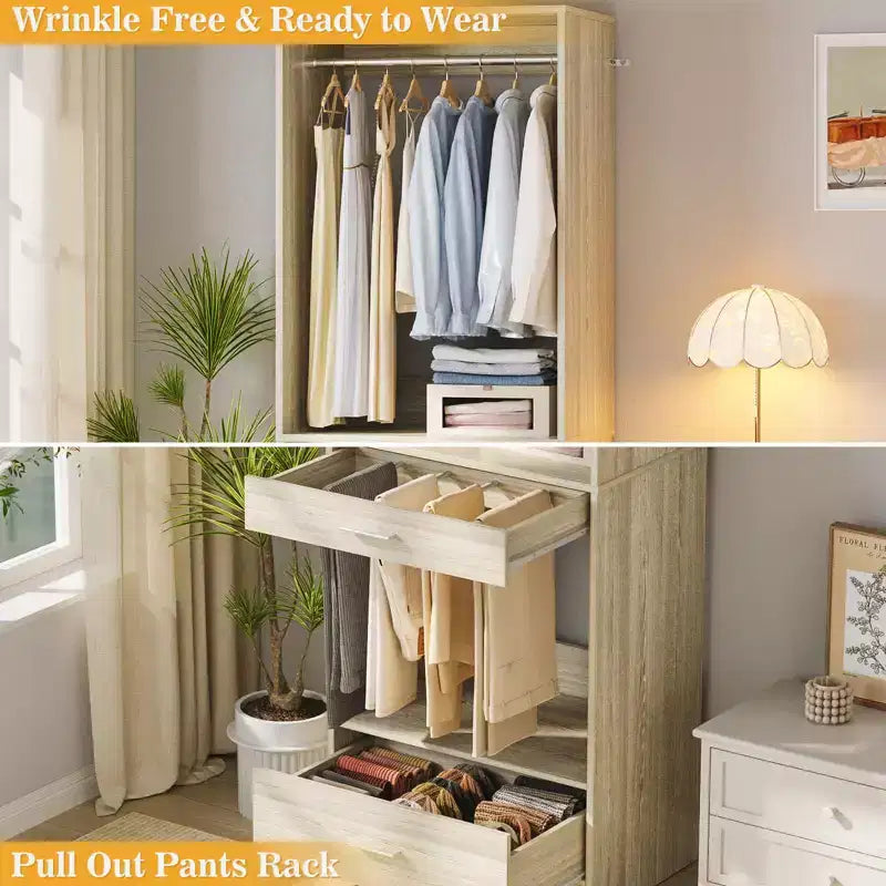 Besiost 2PCS Closet System Organizer with Hanging Area, Freestanding Wooden Closet with Drawers