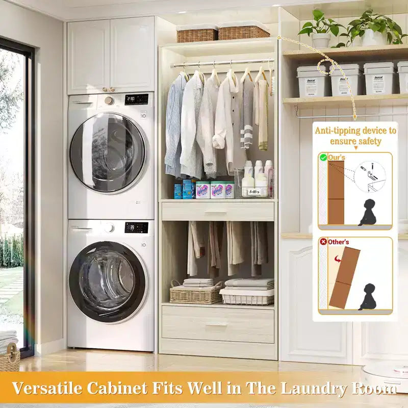 Besiost 2PCS Closet System Organizer with Hanging Area, Freestanding Wooden Closet with Drawers
