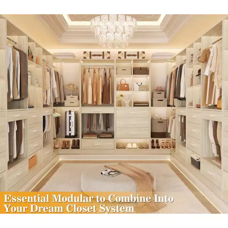 Besiost 2PCS Closet System Organizer with Hanging Area, Freestanding Wooden Closet with Drawers