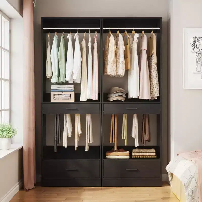 Besiost 2PCS Closet System Organizer with Hanging Area, Freestanding Wooden Closet with Drawers