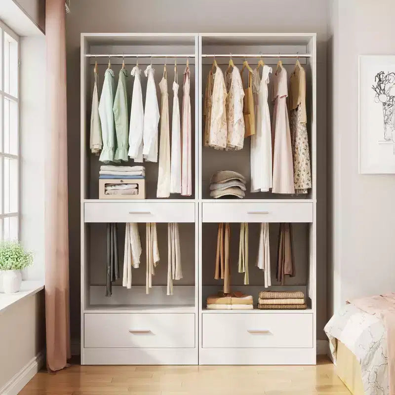 Besiost 2PCS Closet System Organizer with Hanging Area, Freestanding Wooden Closet with Drawers