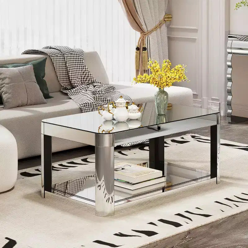 Modern Rounded Corner Mirror Coffee Table with Glass Top, Rectangular Center Table with Storage for Living Room-Panipeachy