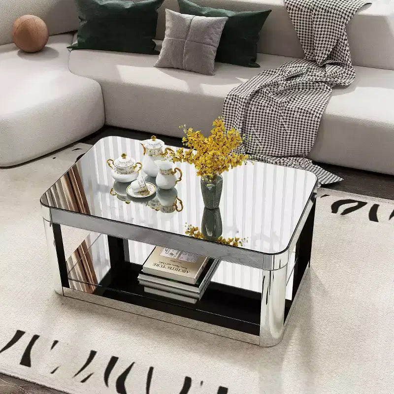 Modern Rounded Corner Mirror Coffee Table with Glass Top, Rectangular Center Table with Storage for Living Room-Panipeachy