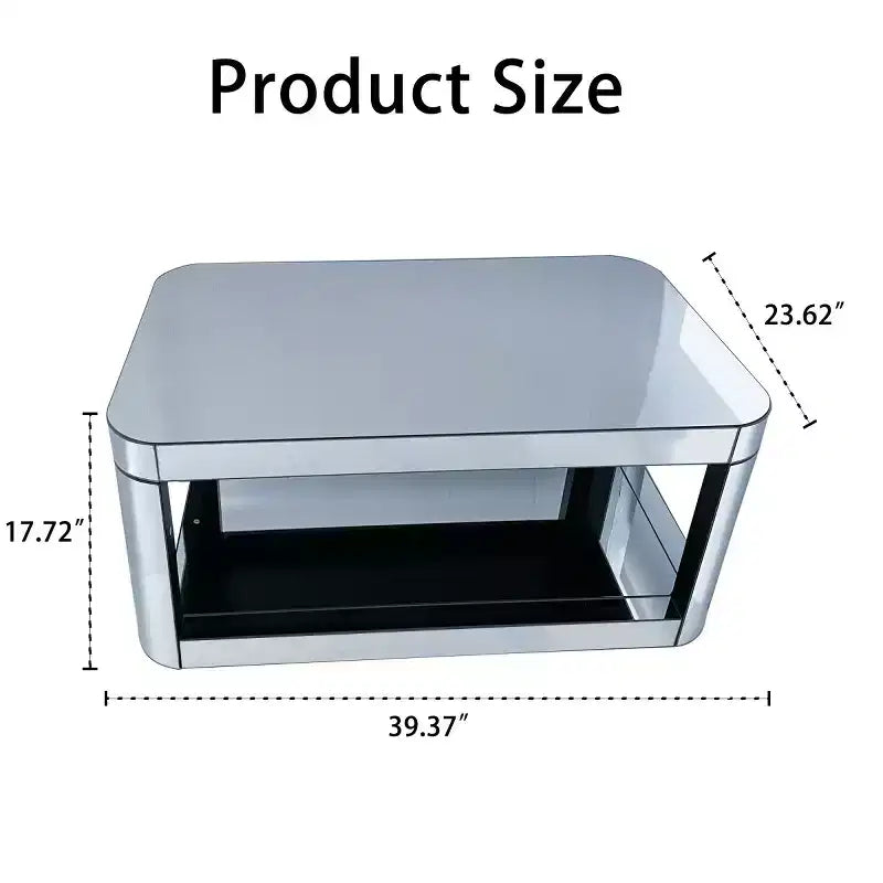 Modern Rounded Corner Mirror Coffee Table with Glass Top, Rectangular Center Table with Storage for Living Room-Panipeachy