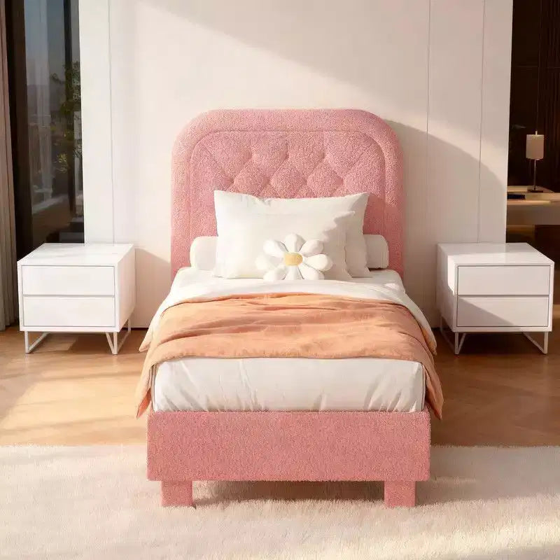 Karl Home Boucle Upholstered Platform Soft Bed, Cloud Bed Frame with Rounded Corners Headboard