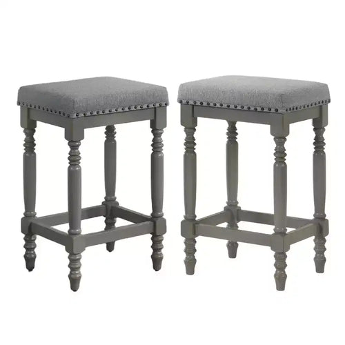 Okak 26 Inch Counter Stools Set of 2, Rustic Wooden Barstools with Fabric Seat and Nailhead Trim, Farmhouse Kitchen Seating