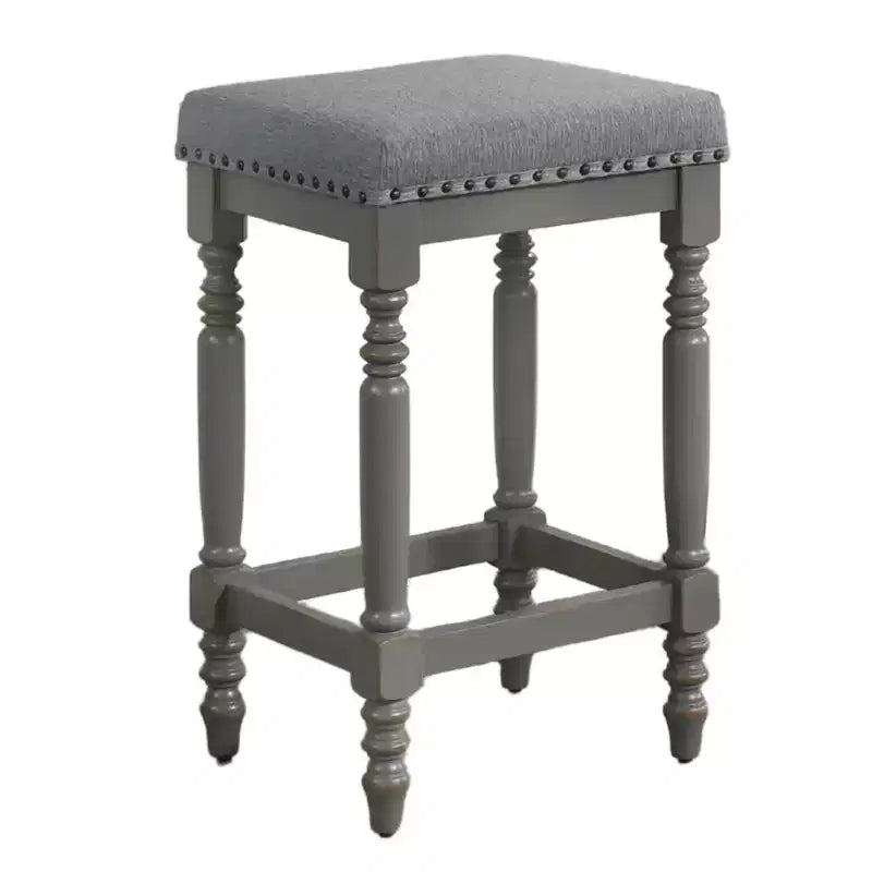 Okak 26 Inch Counter Stools Set of 2, Rustic Wooden Barstools with Fabric Seat and Nailhead Trim, Farmhouse Kitchen Seating