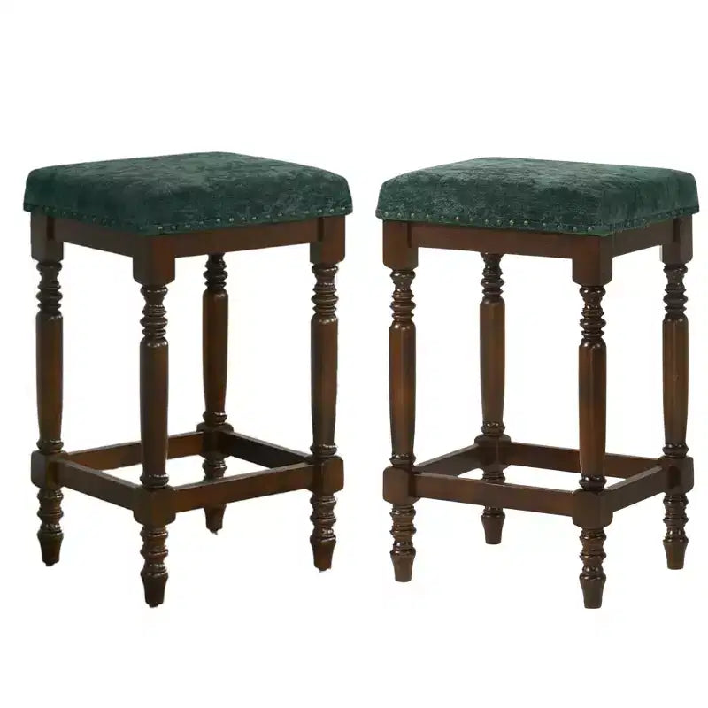 Okak 26 Inch Counter Stools Set of 2, Rustic Wooden Barstools with Fabric Seat and Nailhead Trim, Farmhouse Kitchen Seating