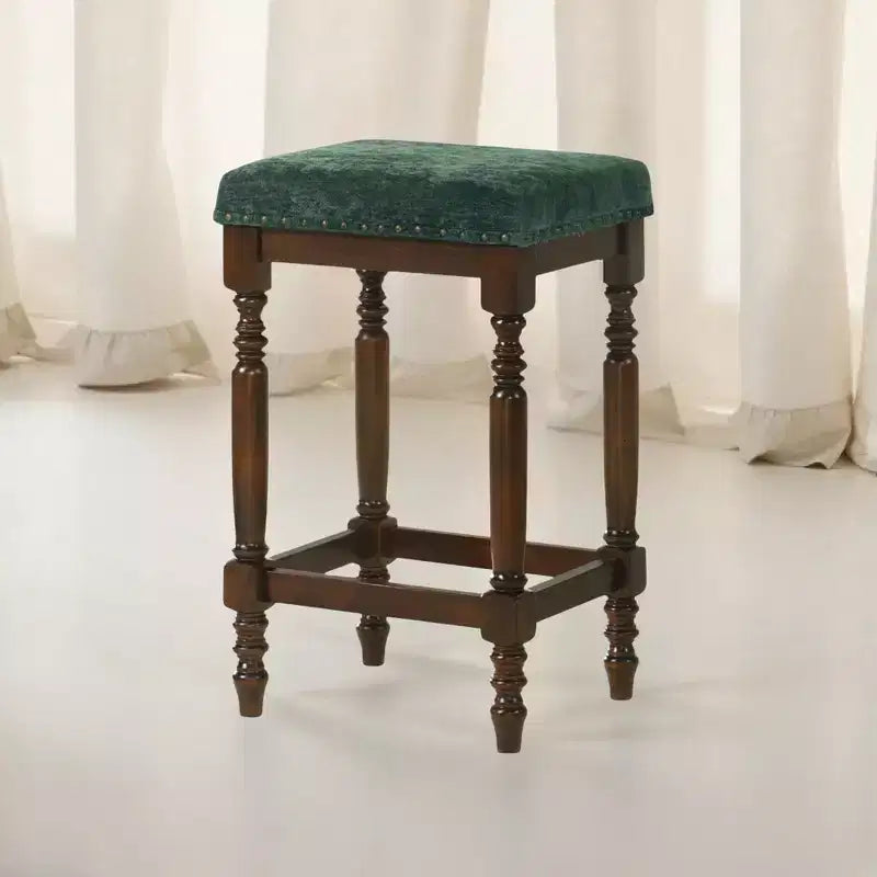 Okak 26 Inch Counter Stools Set of 2, Rustic Wooden Barstools with Fabric Seat and Nailhead Trim, Farmhouse Kitchen Seating