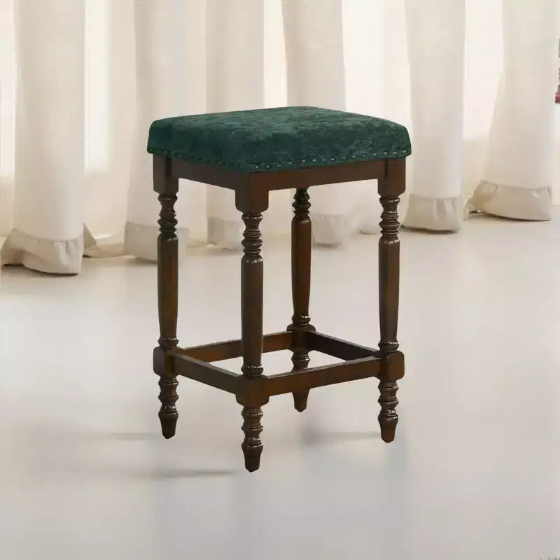 Okak 26 Inch Counter Stools Set of 2, Rustic Wooden Barstools with Fabric Seat and Nailhead Trim, Farmhouse Kitchen Seating