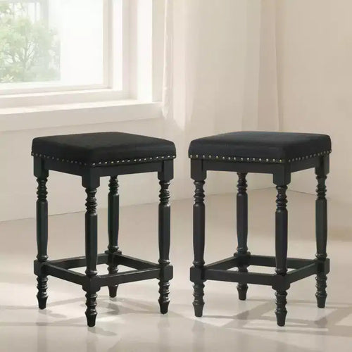 Okak 26 Inch Counter Stools Set of 2, Rustic Wooden Barstools with Fabric Seat and Nailhead Trim, Farmhouse Kitchen Seating