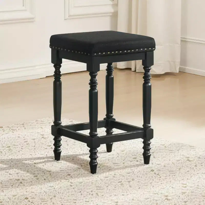 Okak 26 Inch Counter Stools Set of 2, Rustic Wooden Barstools with Fabric Seat and Nailhead Trim, Farmhouse Kitchen Seating