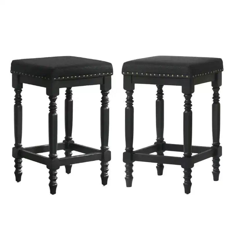 Okak 26 Inch Counter Stools Set of 2, Rustic Wooden Barstools with Fabric Seat and Nailhead Trim, Farmhouse Kitchen Seating