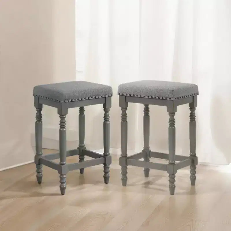 Okak 26 Inch Counter Stools Set of 2, Rustic Wooden Barstools with Fabric Seat and Nailhead Trim, Farmhouse Kitchen Seating