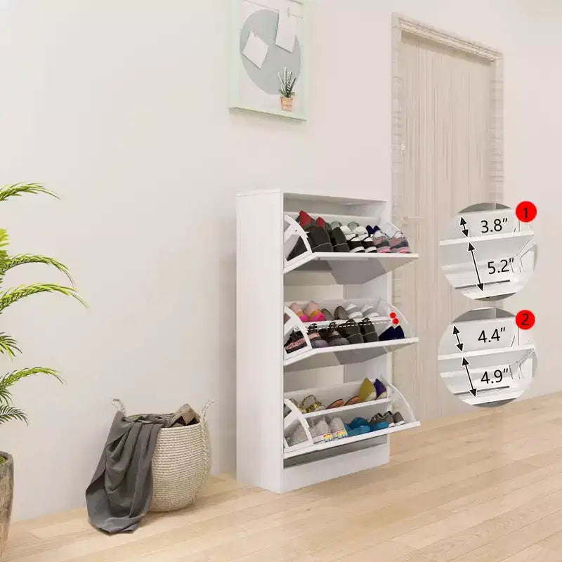 Homy Casa Slim Shoe Storage Cabinet with Mirror, 3-Tier Space-Saving Shoe Rack, White