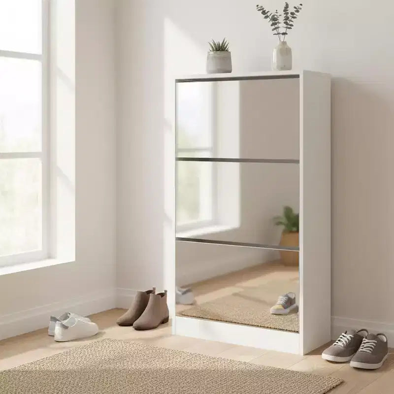 Homy Casa Slim Shoe Storage Cabinet with Mirror, 3-Tier Space-Saving Shoe Rack, White