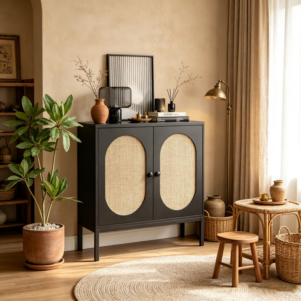 Buffet, portes vitrées ou en rotin